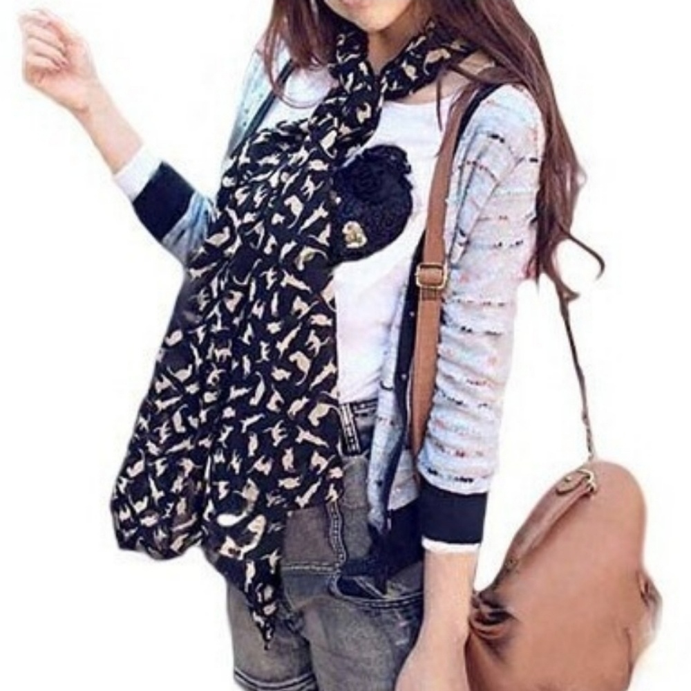 Chiffon Black & White Cat Print Scarf